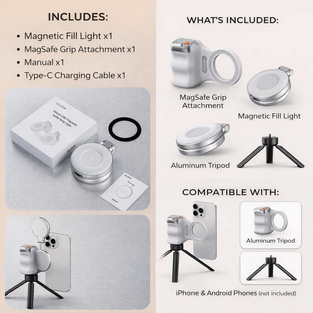 TELESIN Fun Shot Magnetic Phone Camera Grip With Magnetic Selfie Light