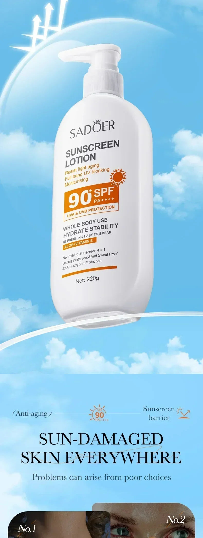 SPF 90+ Whitening Sunscreen | Deep Hydration, UV Protection & Anti-Aging Care