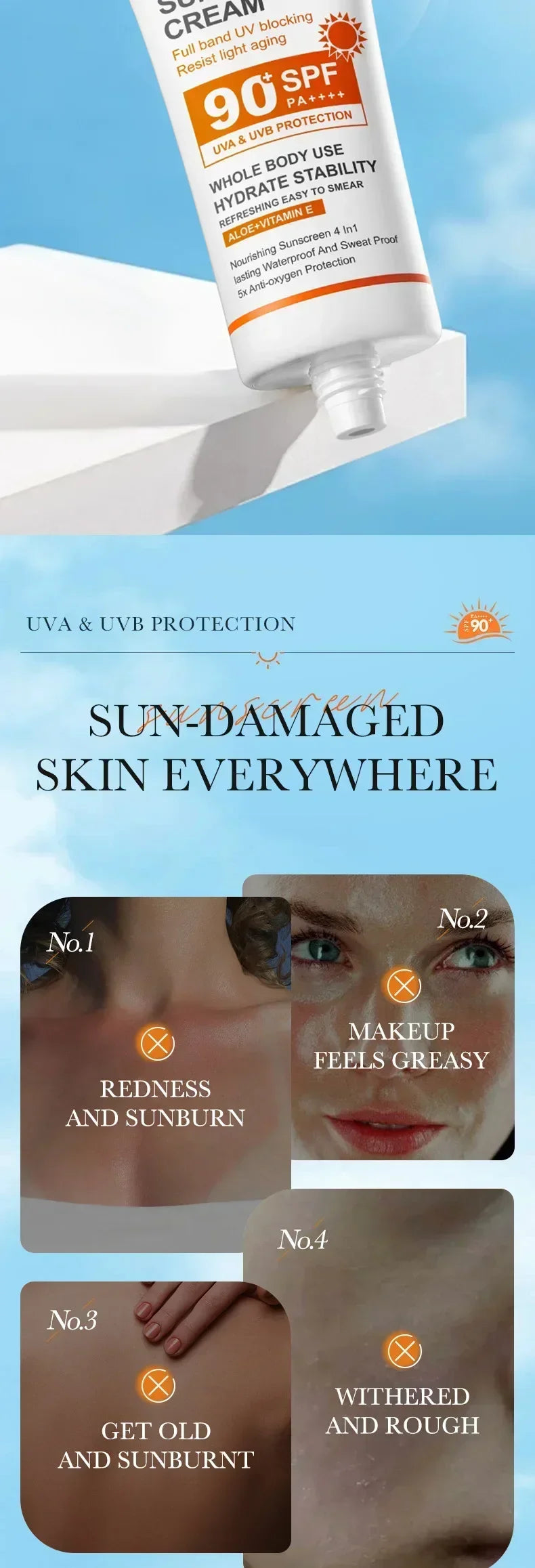 SPF 90+ Whitening Sunscreen | Deep Hydration, UV Protection & Anti-Aging Care