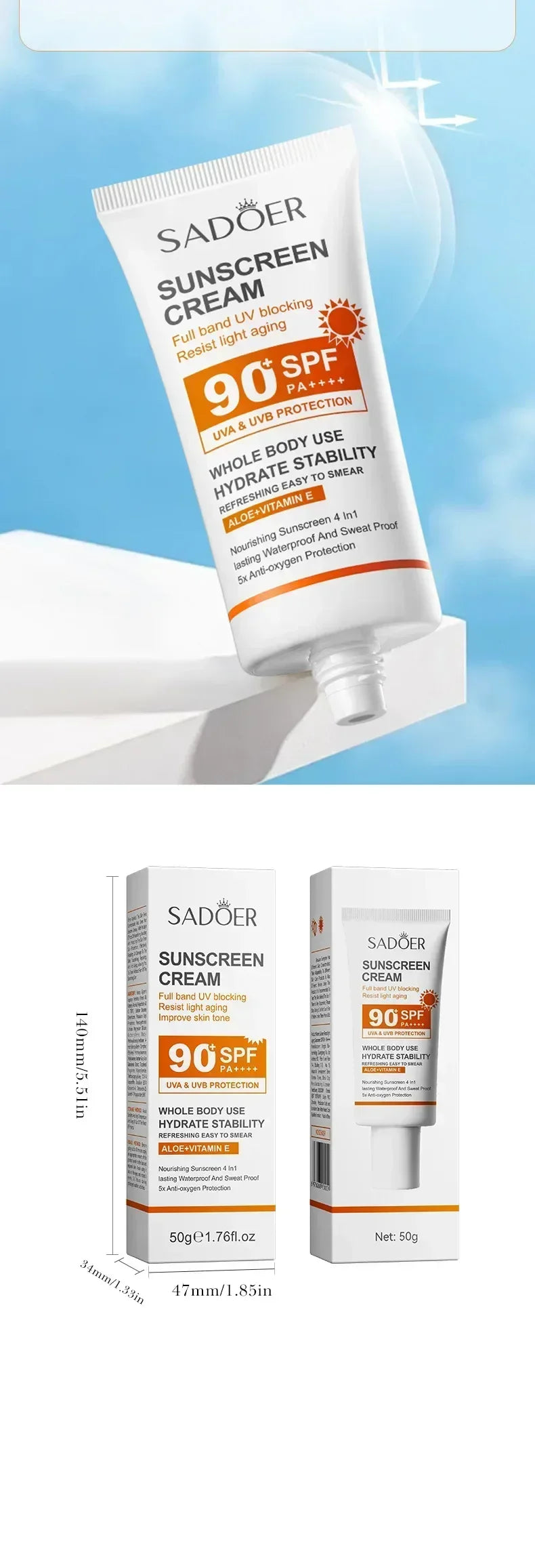 SPF 90+ Whitening Sunscreen | Deep Hydration, UV Protection & Anti-Aging Care