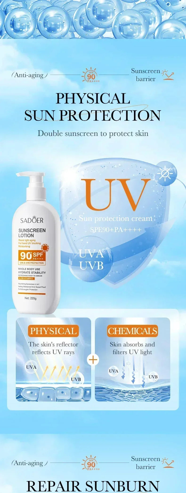 SPF 90+ Whitening Sunscreen | Deep Hydration, UV Protection & Anti-Aging Care