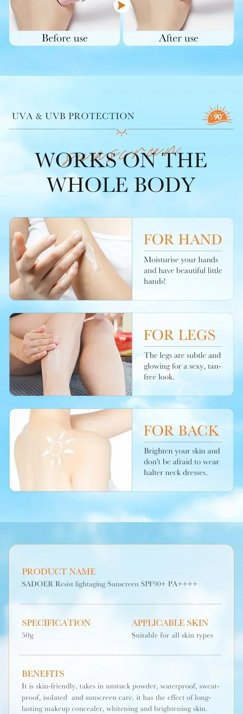 SPF 90+ Whitening Sunscreen | Deep Hydration, UV Protection & Anti-Aging Care